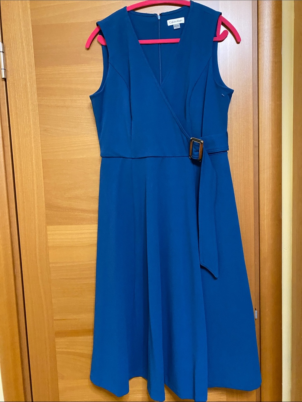 Calvin Klein Teal-Blue Sleeveless Belted Midi Dress